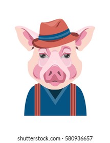 Portrait of a pig or boar in a hat and clothes. Illustration fashion animal