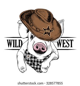 Portrait of a pig in brown cowboy hat and checkered cravat. Vector illustration.