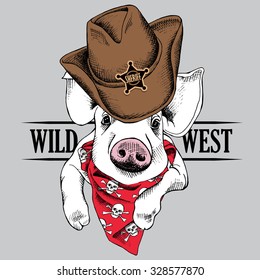 Portrait of a pig in brown cowboy hat and red cravat. Vector illustration.