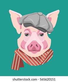 Portrait of a pig in a cap and a scarf.