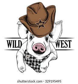 Portrait of a pig in cowboy hat and checkered cravat. Vector illustration.