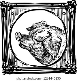 Portrait of a pig in a decorative frame