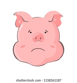 Portrait of a pig. Piglet head with emotion. Cute piggy saddy. Zodiac symbol 2019