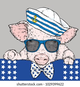 Portrait of a pig. Vector illustration. Cute little pig.