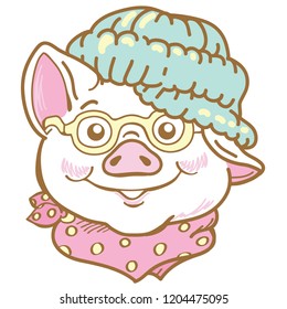 Portrait of the Pig in a warm cap, stylish glasses and scarf. Christmas card. 