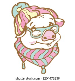 Portrait of the Pig in a warm hat with a pompon, stylish glasses and a scarf. Christmas card. 