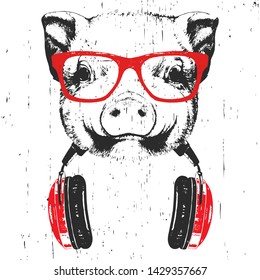 Portrait of Piggy with glasses and headphones. Hand-drawn illustration. T-shirt design. Vector