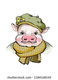 Portrait of a piglet in a round soft cap on head. Ears stick out from under the hats. On the beret yellow bow-knot. Pig, wrapped in a knitted scarf mustard color. Illustration for a greeting card