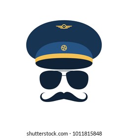 Portrait of pilot with mustache in cap and glasses. Vector illustration.