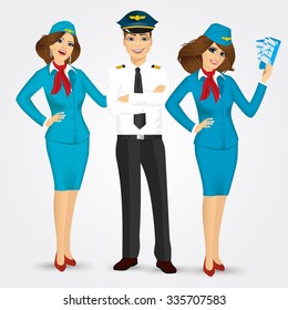 portrait of a pilot and two stewardesses in uniform isolated on white background