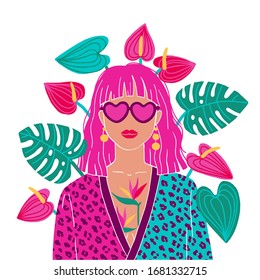 Portrait of a pink hair woman in the urban jungle. Fashion print. Vector illustration.