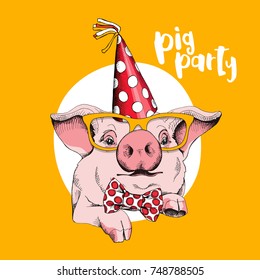 Portrait of the pink Pig in a red polka dot party hat, yellow glasses and bow tie. Vector illustration.