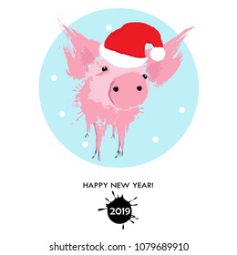 Portrait the pink Pig in Snowman top hat   blue background  Vector illustration 