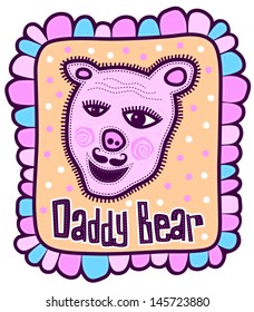 Portrait of a pink teddy bear in the frame on the sandy colored background with the text in a pea at the bottom Daddy Bear.