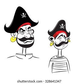 
portrait of pirate, vector. charismatic character  wearing a cocked hat,  with a mustache and beard. cocked hat depicted on the Jolly Roger. Pirates on a white background.