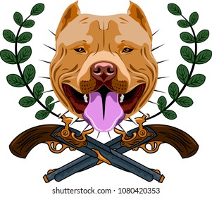 Portrait of a pit bull terrier against a background of revolvers and laurel branches, Drawing in the style of Old School Tattoos