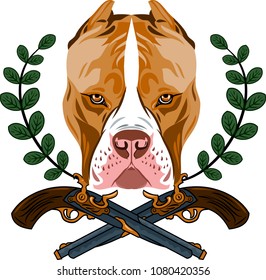 Portrait of a pit bull terrier against a background of revolvers and laurel branches, Drawing in the style of Old School Tattoos