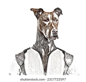 Portrait of a Pit Bull Terrier wearing a costume. Anthropomorphic dog. Scribble sketch. Linear Vector illustration.