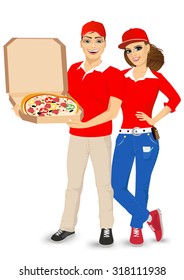 portrait of pizza delivery guy and girl in red uniform holding open cardboard box with hot pizza isolated on white background