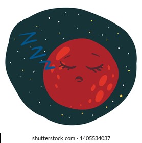 Portrait of the planet brown-colored mars snoring with its eyes closed while sleeping over dark blue background twinkling with stars, vector, color drawing or illustration. 