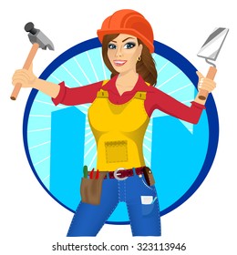 portrait of plasterer woman with orange helmet holding paint roller in one hand and trowel in other hand isolated over white background