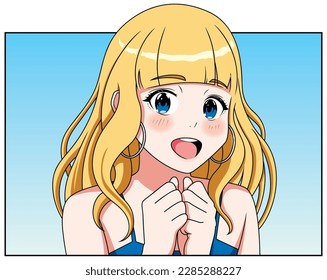 Portrait of pleasantly surprised girl, drawn in anime style.