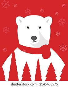 Portrait of polar bear, wearing Christmas scarf, like Santa Claus, trees and snowflake