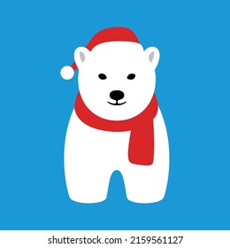 Portrait of polar bear, wearing Christmas cap, like Santa Claus, cool style