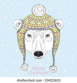 Portrait of Polar Bear in Winter Ornate Hat 