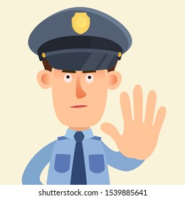 Portrait, policeman show hand outstretched arm with stop gesture.
Danger warning - sign. Vector illustration, flat cartoon style.