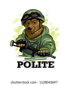 Portrait. Polite Russian red bear in uniform with a weapon in his hands. Vector illustration.