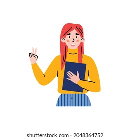 Portrait of positive female character gesturing of victory sign. Young attractive happy woman showing of gesture okay. Vector illustration isolated on white background.