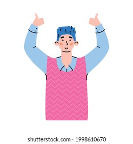 Portrait of positive male character with up hands and gesturing of thumbs up sign. Young man showing of ok gesture expressing positive emotions. Flat vector isolated illustration