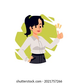 Retrato de una mujer joven ejecutiva, gerente o empresaria positiva gestos de buena señal. Mujeres con ropa de negocios mostrando el pulgar del gesto expresando emociones positivas. Vector