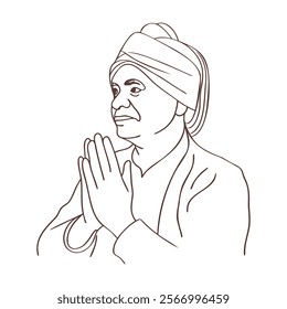 Portrait of a praying Muslim man in traditional clothing and turban. Elderly man. Sketch, illustration.