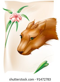 portrait of a predator animal fairy with a flower on the background