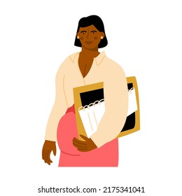 Portrait of pregnant afro american woman holding a papers in her hand.  Expectant mother combining work and motherhood. Vector flat illustration