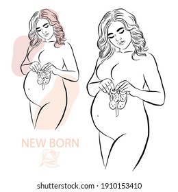 Portrait of a pregnant girl in one line. Vector illustration of a modern trend. Family concept, newborn. Happy woman