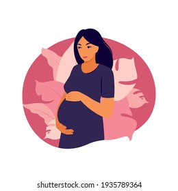 Portrait pregnant woman in dress on white background. Health, care, pregnancy. Vector illustration. Flat