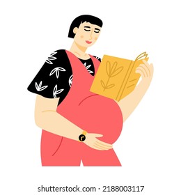 Portrait Of Pregnant Woman Reading Book About The Nurture Of Children. Self Education, Birth And Parenting Planning. Vector Flat Illustration