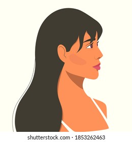 Portrait of pretty asian woman in profile. Female face flat color vector illustration. Isolated cartoon avatar of dark haired girl character on white background
