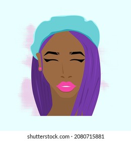 Portrait of pretty girl in beret with purple hair. flat vector illustration.