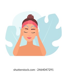 Portrait of pretty girl with closed eyes massaging skin of forehead vector illustration