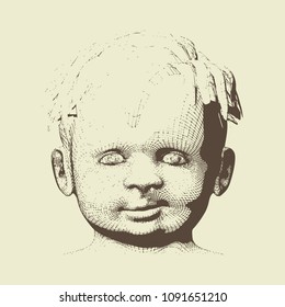 Portrait of pretty little boy. Emotions of happiness. Vintage engraved illustration