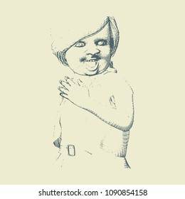 Portrait of pretty little girl. Emotions of happiness. Vintage engraved illustration