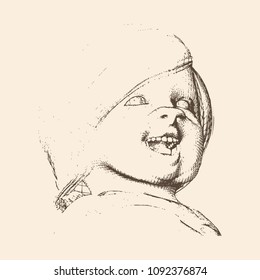 Portrait of pretty little girl. Emotions of happiness. Vintage engraved illustration