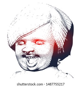 Portrait of pretty little girl. Emotions of happiness. Vintage engraved illustration