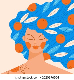 Portrait of pretty modern young woman with oranges and leaves in her hair. Summer season fruit concept. Hand drawn girl cartoon character colorful vector illustration.