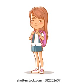 Portrait of pretty teenage girl. Schoolgirl with long brown hair with satchel bag. School uniform, skirt, blouse. Daughter. Sister standing. Vector illustration isolated.