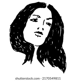 Portrait Of A Pretty Woman. Beautiful Brunette Lady With Long Loose Hair. Female Face. Hand Drawn Linear Doodle Rough Sketch. Black Silhouette On White Background.